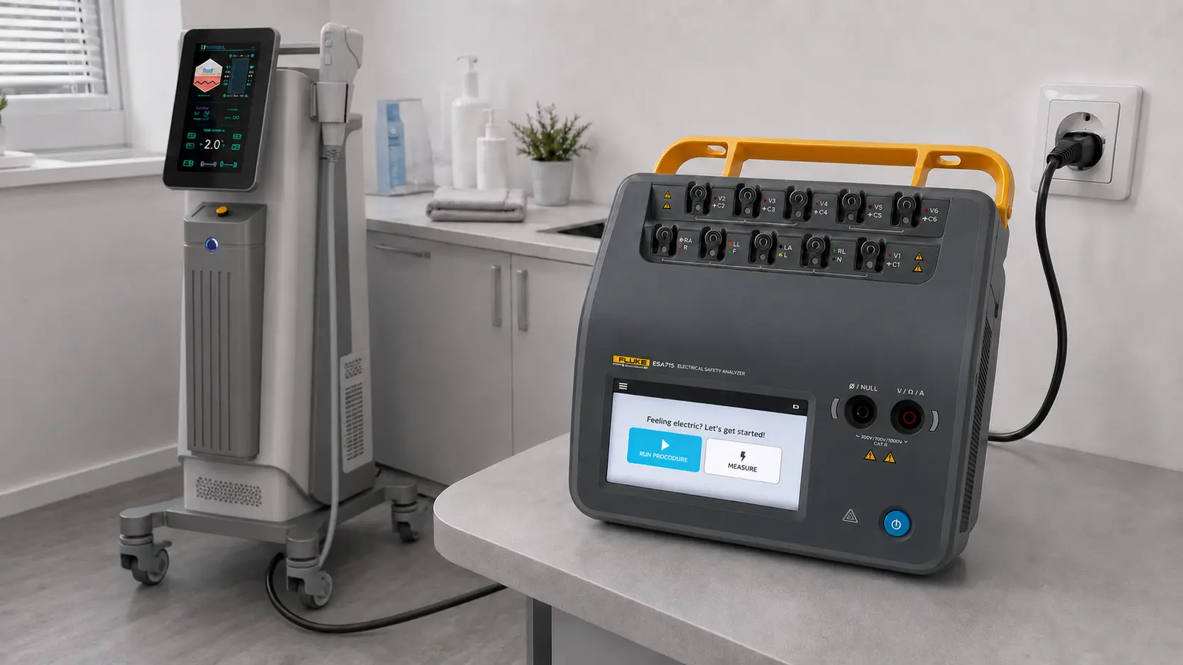 Elektrische veiligheidsmeting van een MEDAES HIFU 8D + RF met Fluke ESA715